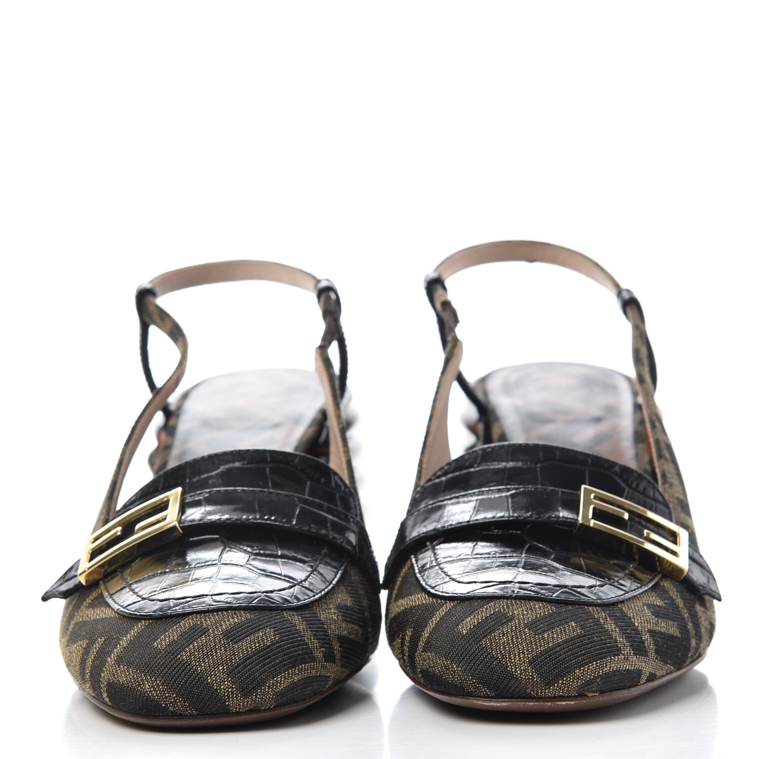 Fendi Jacquard Calfskin FF Tortoise Promenade Slingback Loafer Pumps 38.5 Tobacco 2 of 11