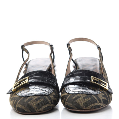Fendi Jacquard Calfskin FF Tortoise Promenade Slingback Loafer Pumps 38.5 Tobacco 2 of 11