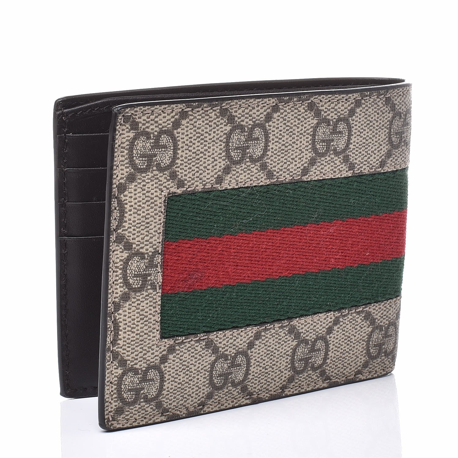 Gucci GG Supreme Monogram Selleria Calfskin Web New Web Bi-Fold Wallet Beige Ebony Cocoa 3 of 7
