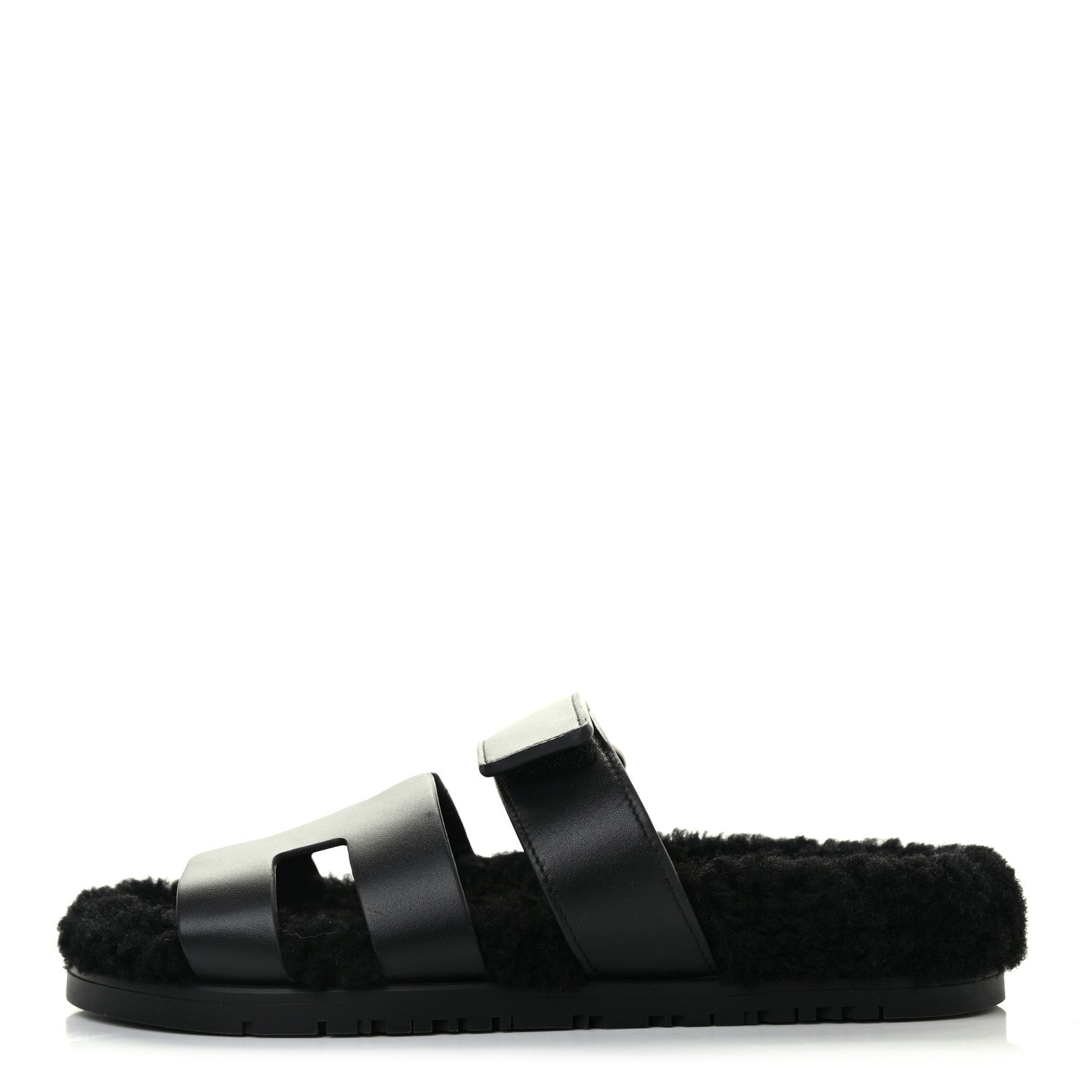 Hermes Calfskin Woolskin Womens Chypre Sandals 37 Black 1 of 8