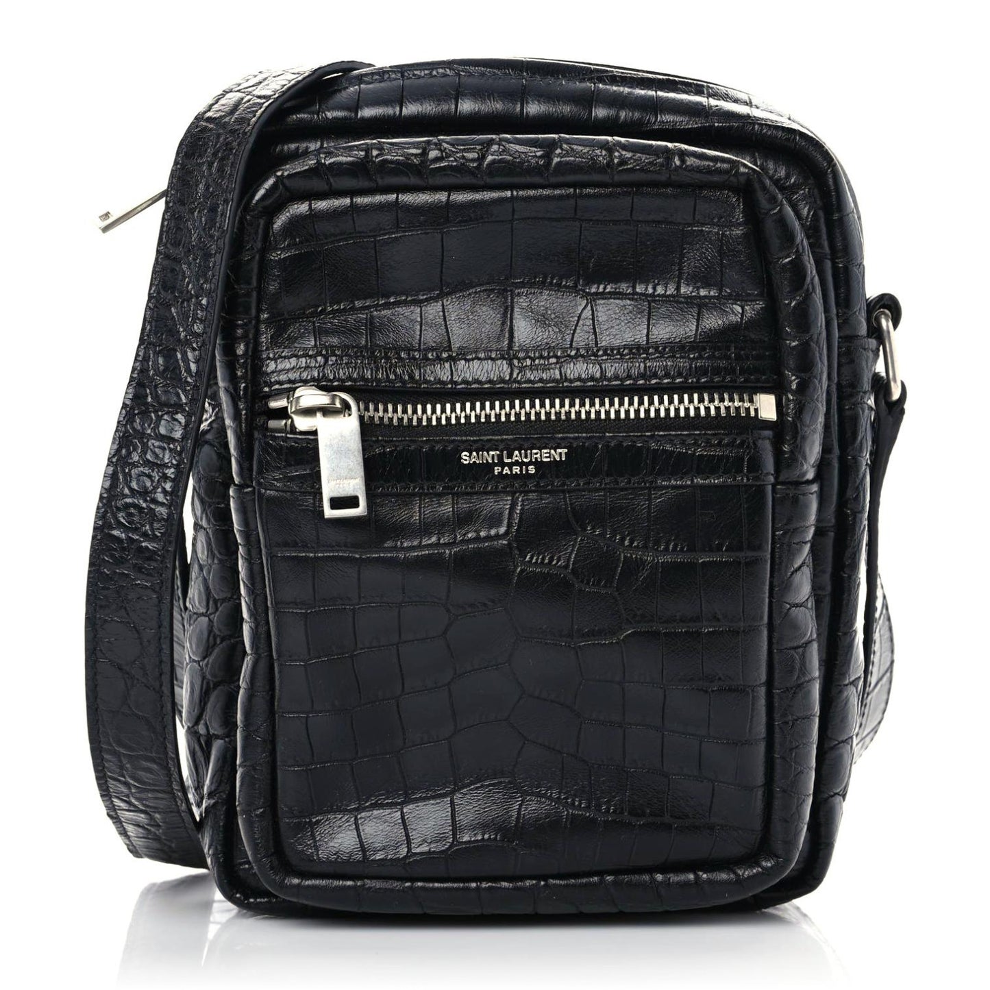 Calfskin Crocodile Embossed Sid Messenger Bag Black