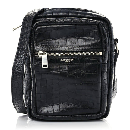 Saint Laurent Calfskin Crocodile Embossed Sid Messenger Bag Black 1 of 10
