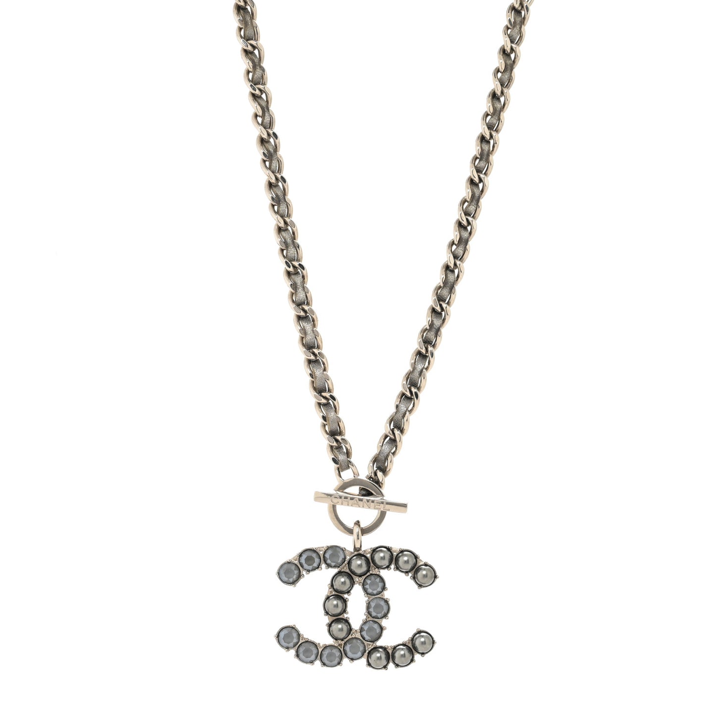 Metal Strass Calfskin Glass Pearls CC Short Necklace Black Dark Grey