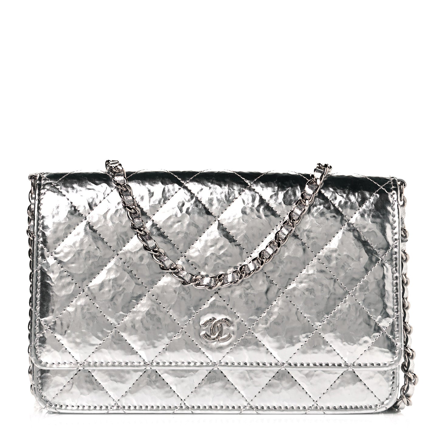 Hammered Metallic Calfskin Quilted Wallet On Chain WOC Silver