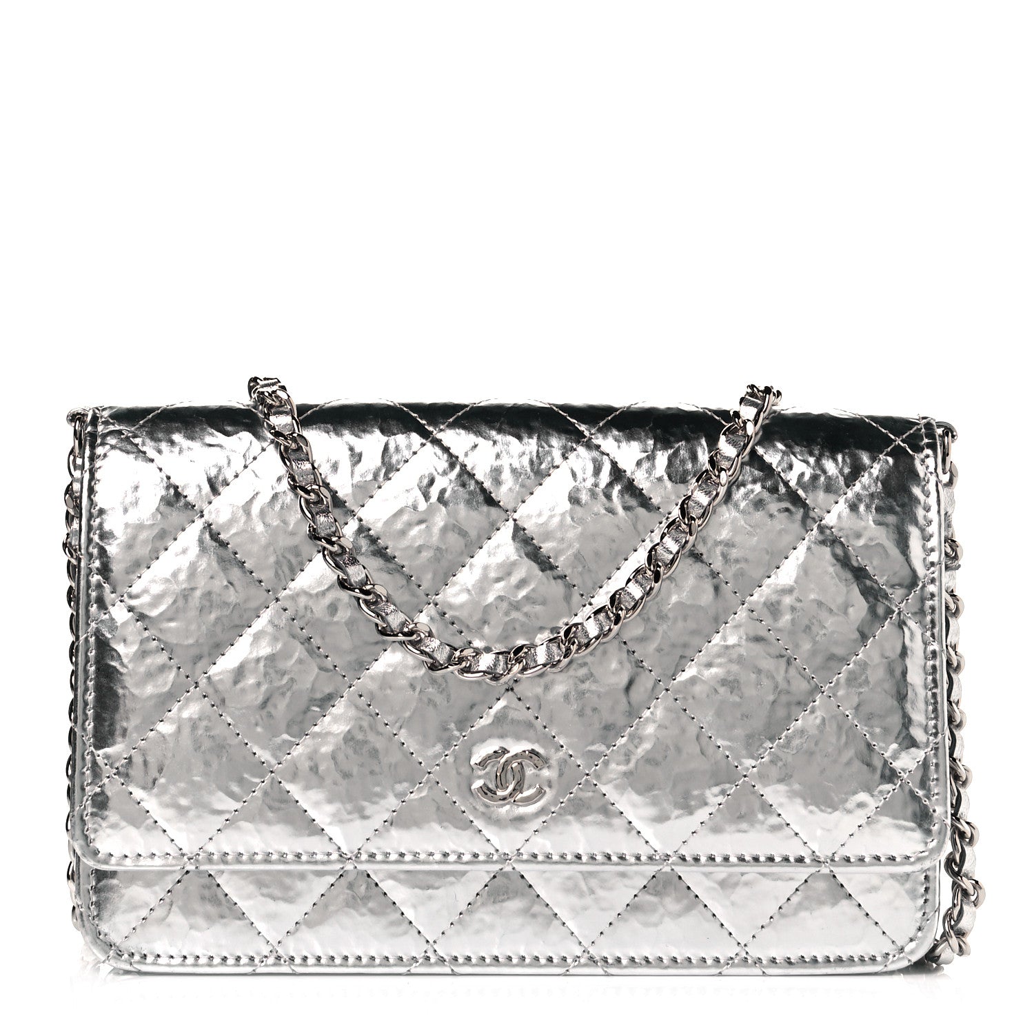 Chanel Hammered Metallic Calfskin Quilted Wallet On Chain WOC Silver 1 of 10
