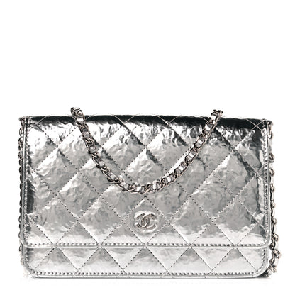 Chanel Hammered Metallic Calfskin Quilted Wallet On Chain WOC Silver 1 of 10