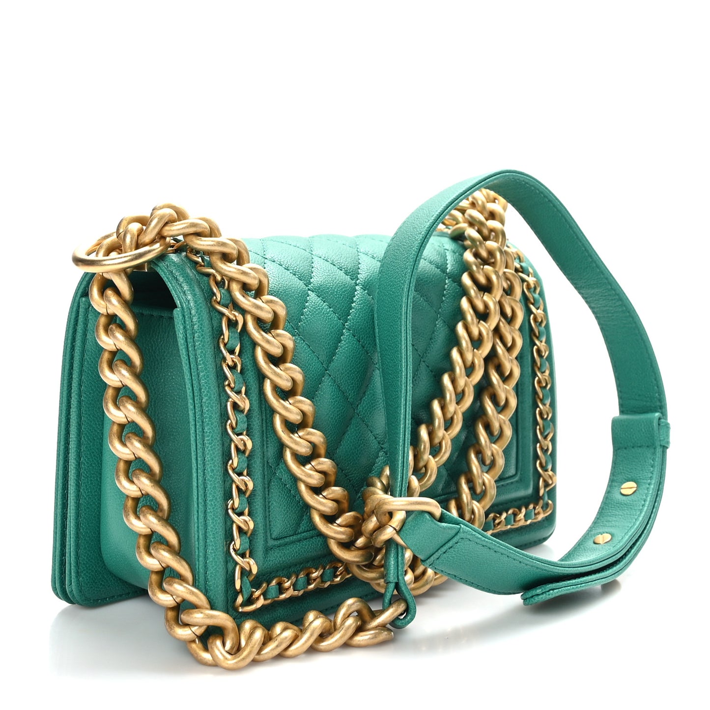 Caviar Quilted Small Chain Around Boy Flap Green
