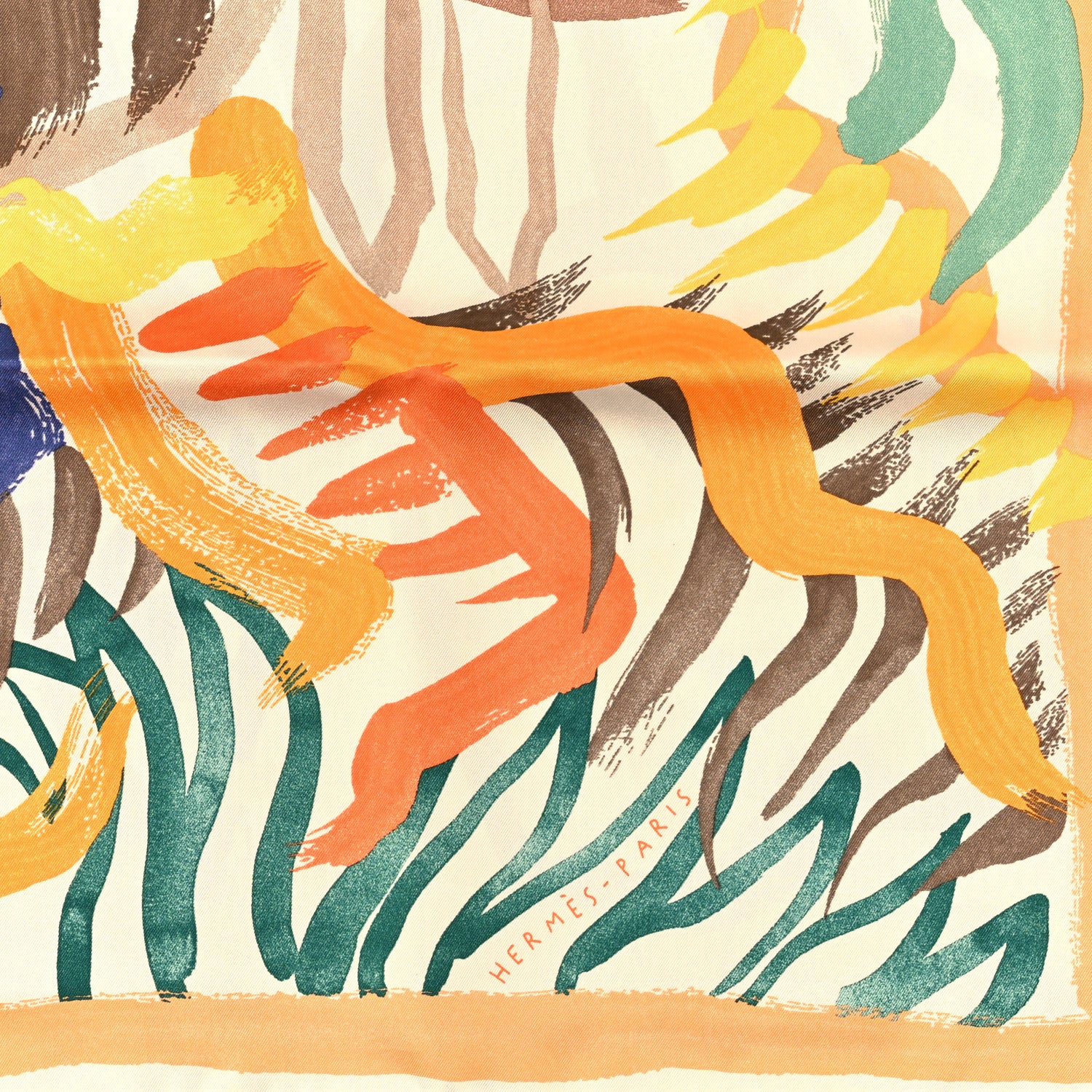 Hermes Silk Twill Le Cavalier A La Trompette Scarf 90 Ivorie Jaune Vert 2 of 3