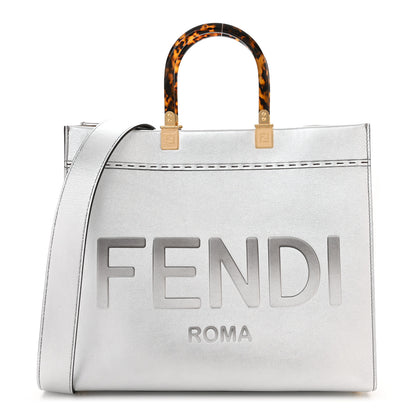 Fendi Vitello Catalan Mirror Plexiglass Logo Embossed Medium Fendi Sunshine Shopper Tote Argento 1 of 11