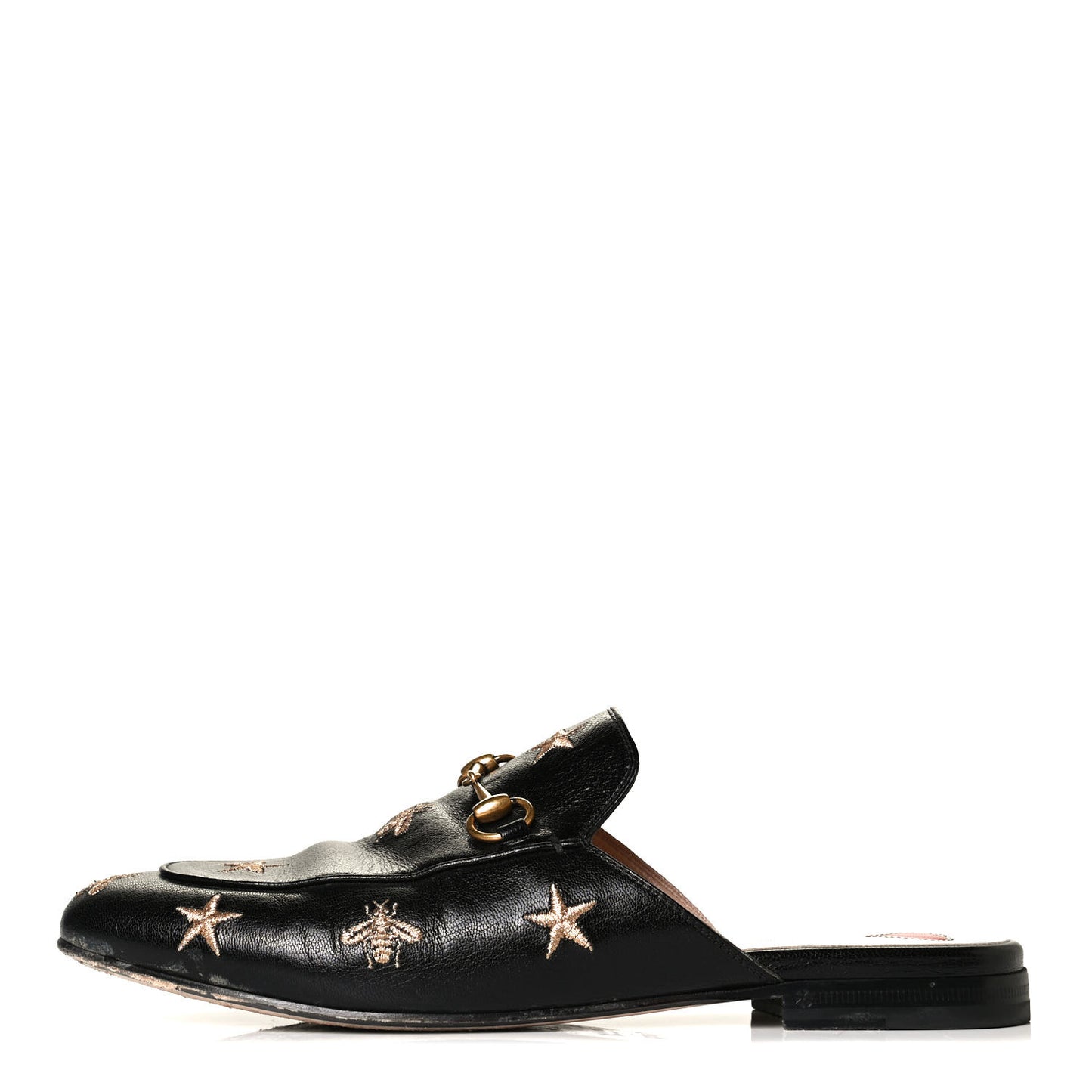 Goatskin Bee Star Embroidered Womens Princetown Slippers 38.5 Black