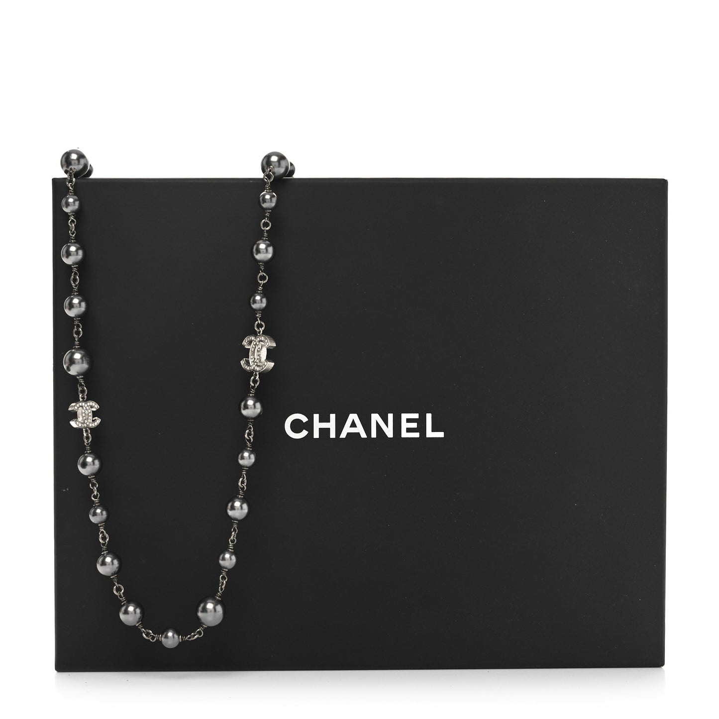 Crystal Pearl Beaded CC Long Necklace Ruthenium