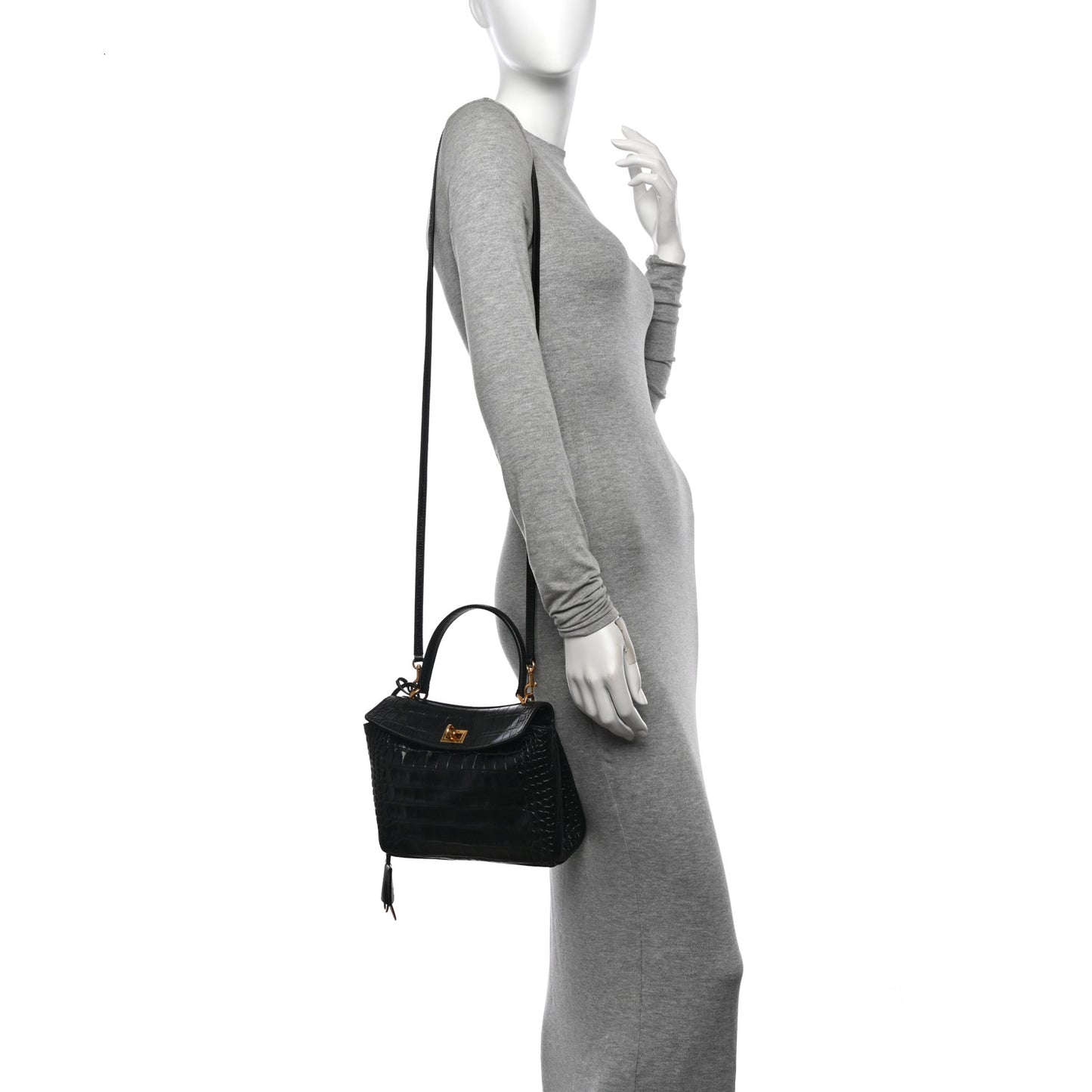 Shiny Calfskin Crocodile Embossed Mini Rodeo Top Handle Handbag Black