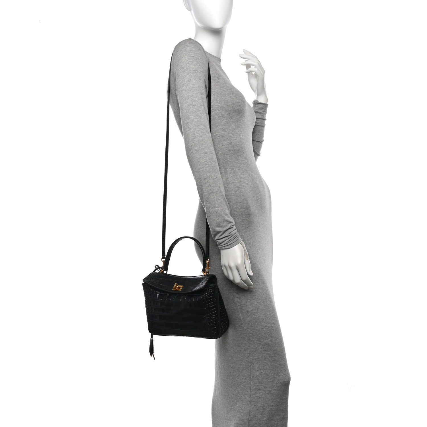 Balenciaga Shiny Calfskin Crocodile Embossed Mini Rodeo Top Handle Handbag Black 2 of 10