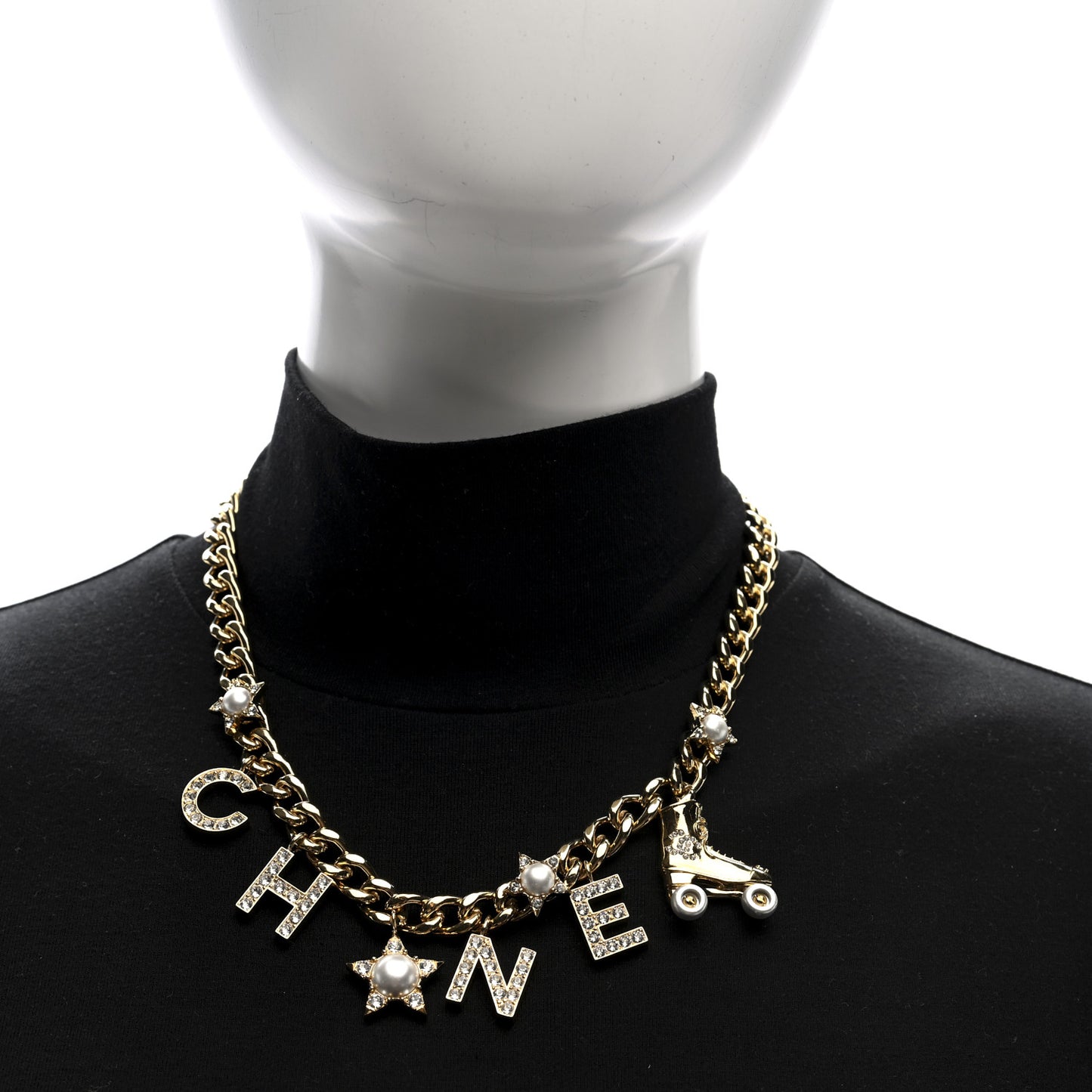 Crystal Pearl Star Rollerblade Logo Necklace Gold