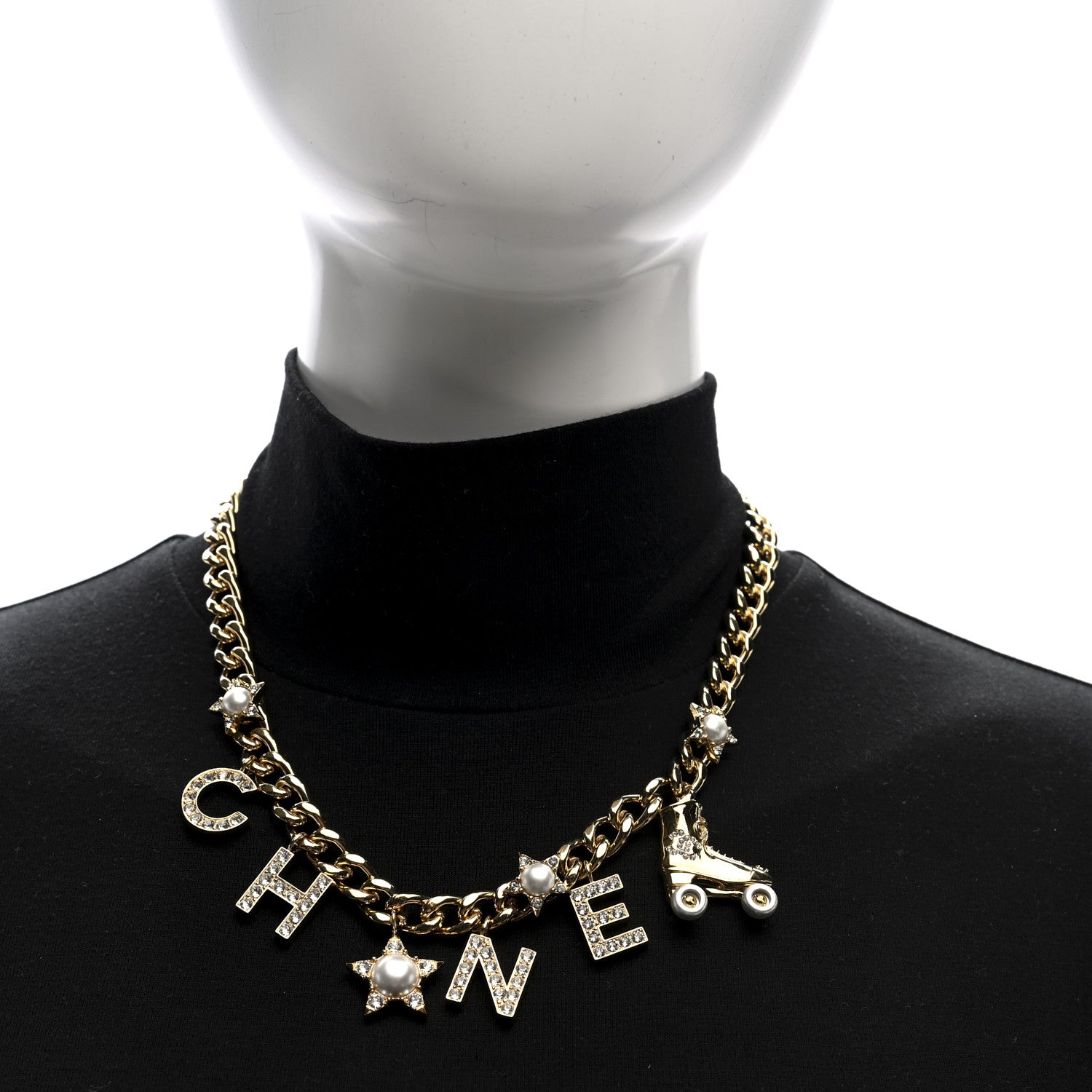 Chanel Crystal Pearl Star Rollerblade Logo Necklace Gold 2 of 4