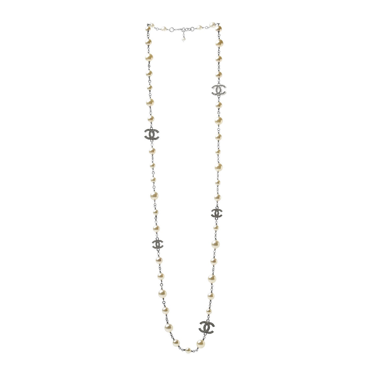 Graduated Pearl Crystal CC Long Necklace Silver