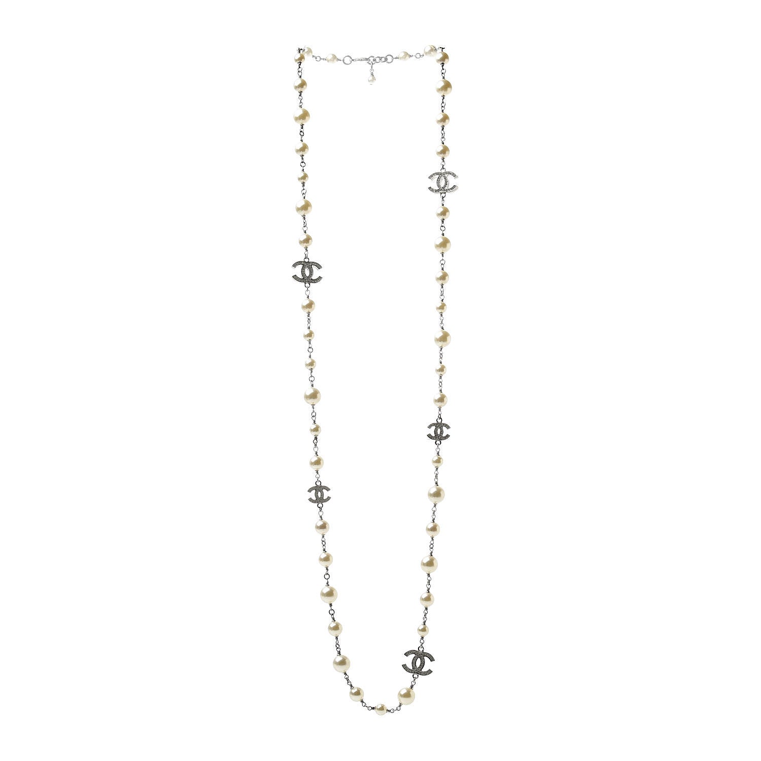 Chanel Graduated Pearl Crystal CC Long Necklace Silver 3 of 4