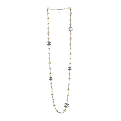 Chanel Graduated Pearl Crystal CC Long Necklace Silver 3 of 4