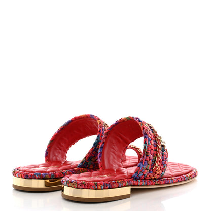 Chanel Raffia Lambskin Woven Chain CC Toe Ring Sandals 40.5 Red Multicolor 4 of 12