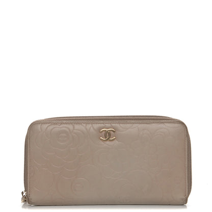 Chanel Lambskin Camellia Embossed Large Gusset Zip Around Wallet Beige 1 of 12