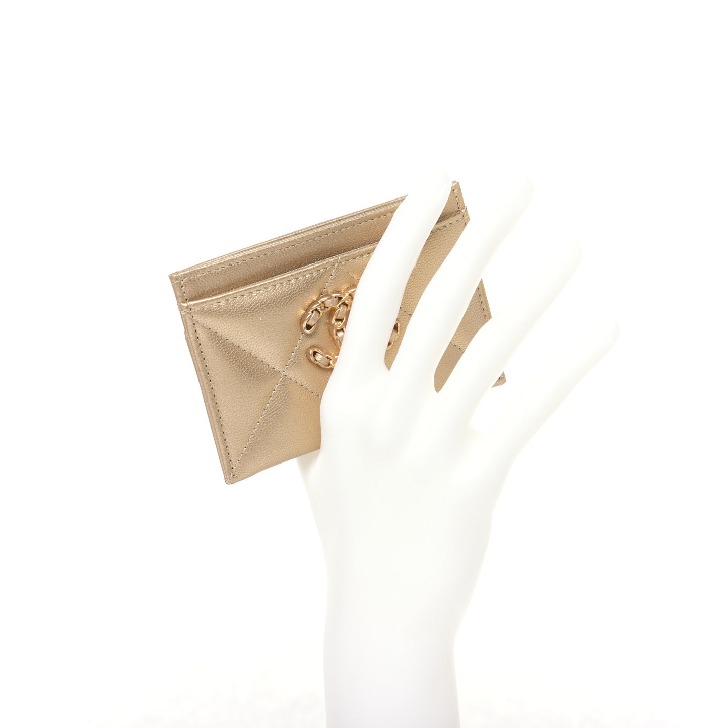 Metallic Goatskin Quilted Chanel 19 Card Holder Gold