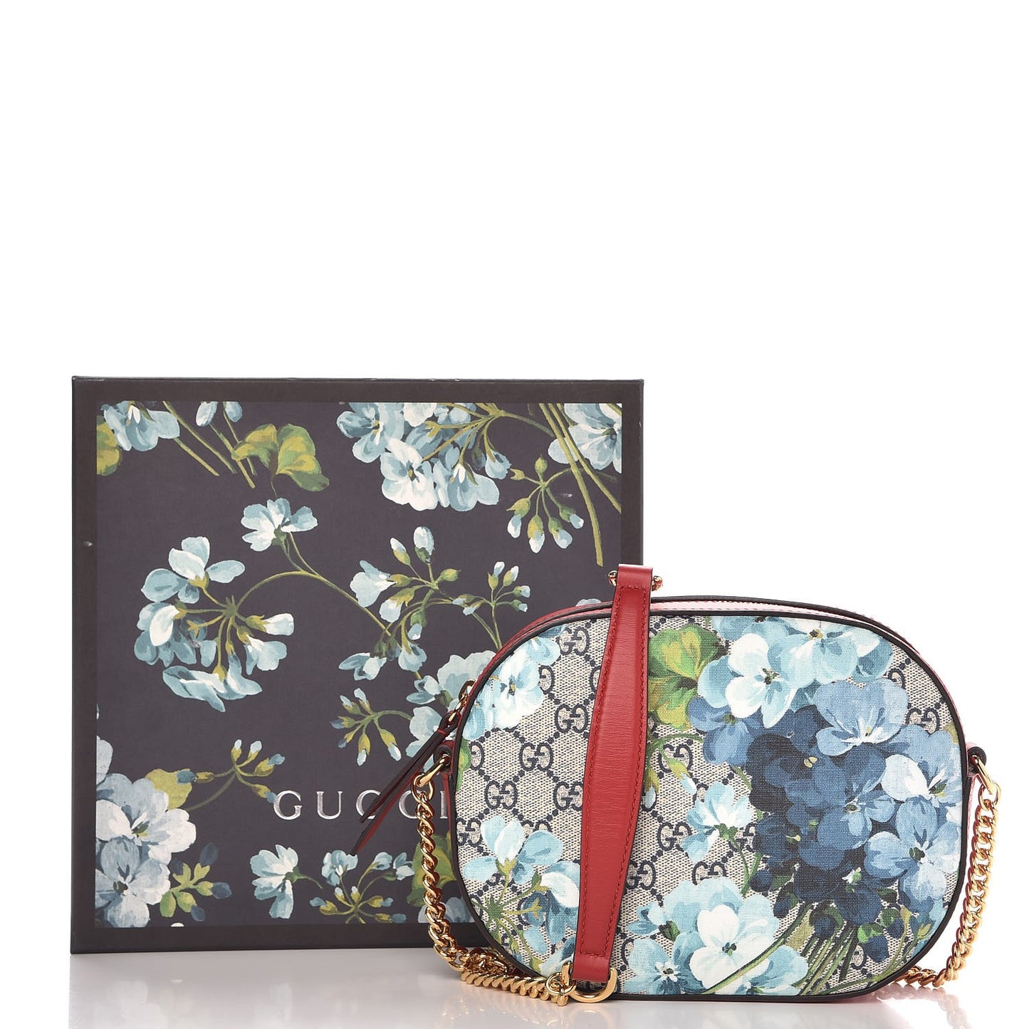 GG Supreme Monogram Blooms Mini Chain Shoulder Bag Beige Blue Navy Hibiscus Red
