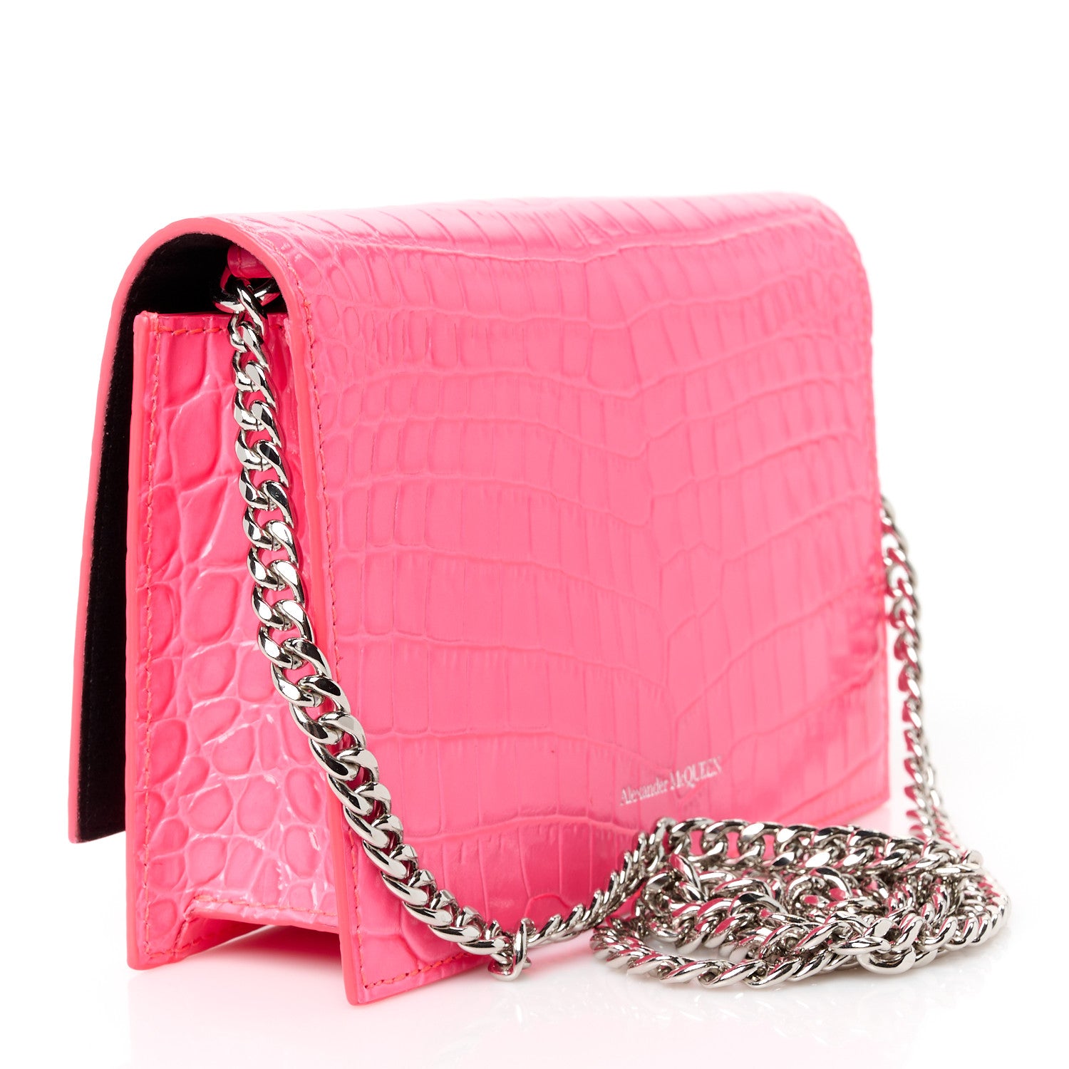 Alexander McQueen Calfskin Crocodile Embossed Skull Mini Crossbody Bag Neon Pink 3 of 10
