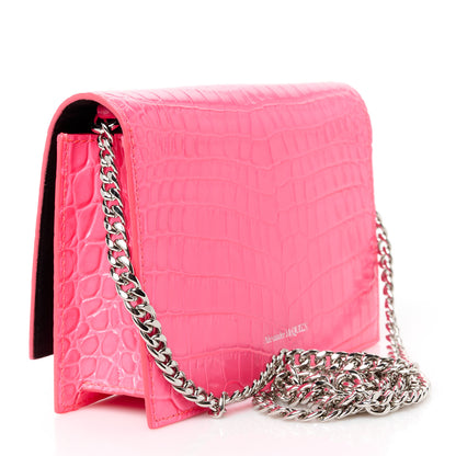 Alexander McQueen Calfskin Crocodile Embossed Skull Mini Crossbody Bag Neon Pink 3 of 10