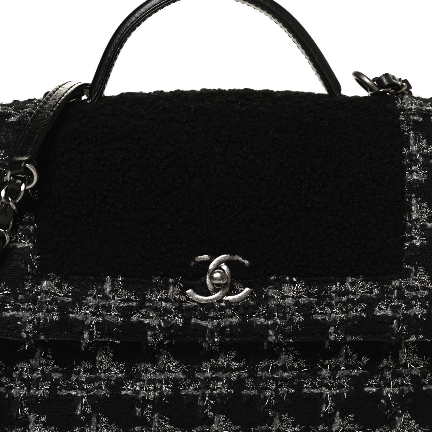 Chanel Shearling Tweed Medium Handle Boy Flap Black Grey 7 of 10