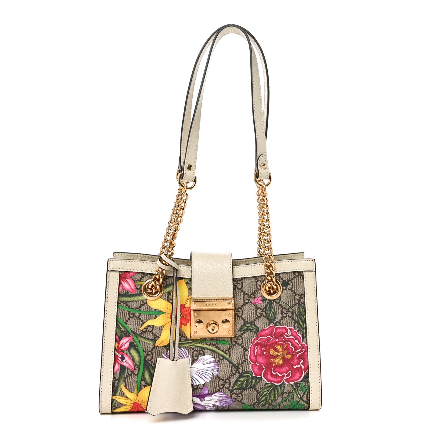 GG Supreme Monogram Flora Textured Calfskin Small Padlock Tote Beige Ebony Multicolor Mystic White
