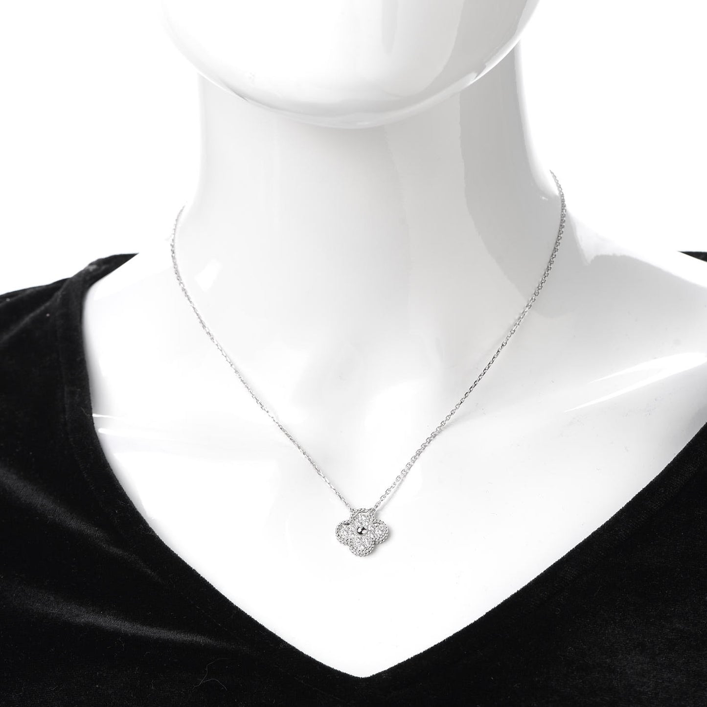 18K White Gold Diamond Vintage Alhambra Pendant Necklace