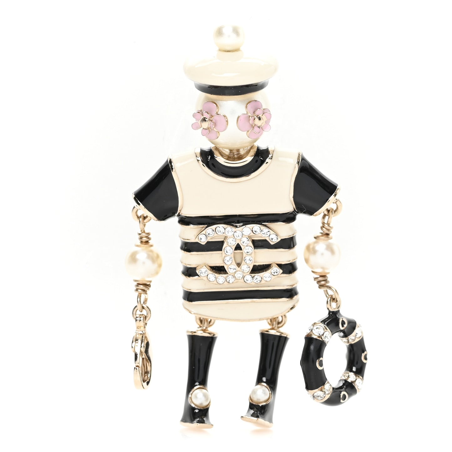 Enamel Crystal Pearl CC Sailor Brooch Black White