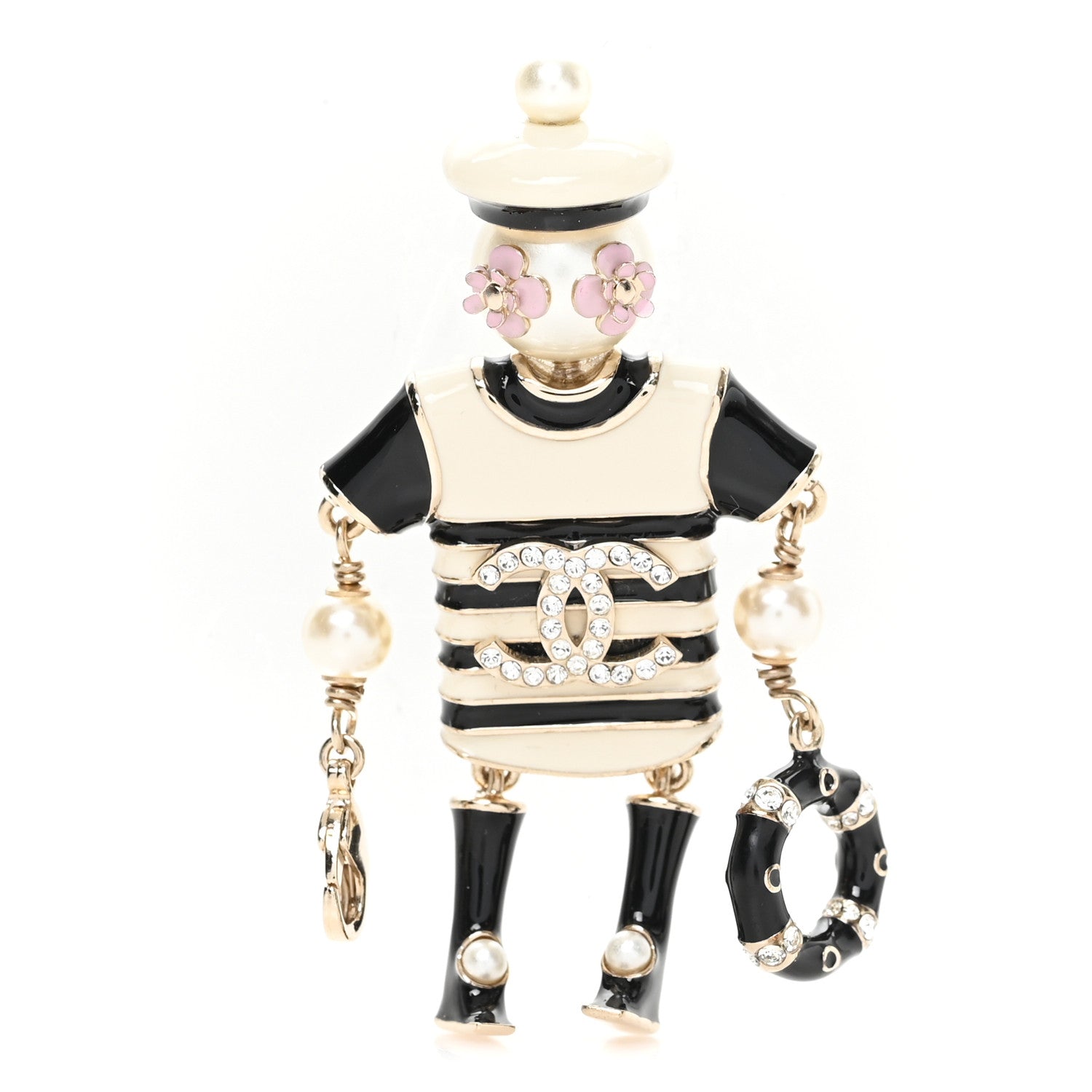 Chanel Enamel Crystal Pearl CC Sailor Brooch Black White 1 of 4