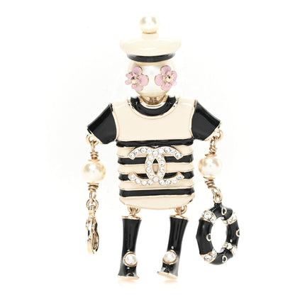 Chanel Enamel Crystal Pearl CC Sailor Brooch Black White 1 of 4