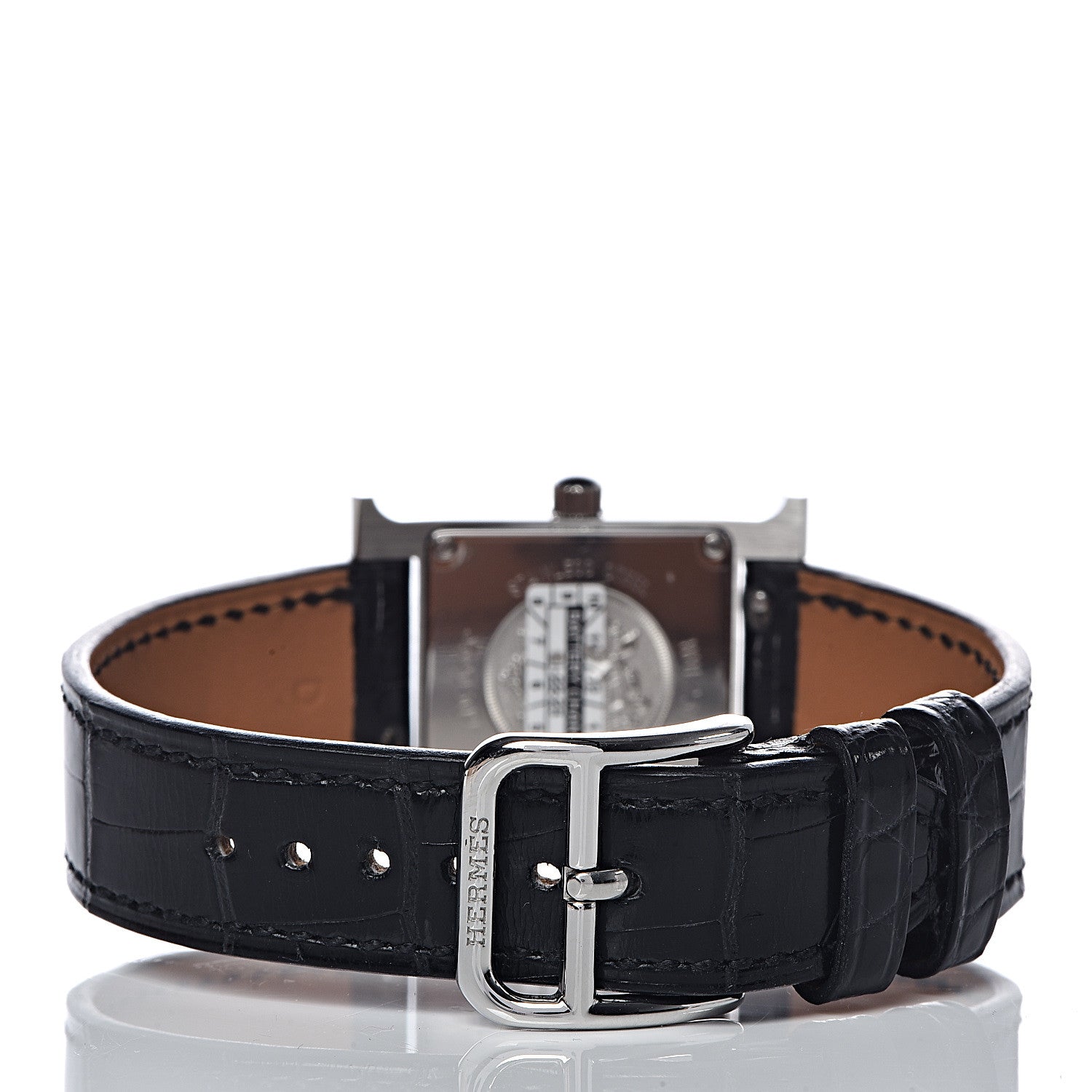 Hermes Stainless Steel Alligator Diamond Lacquer 21mm Heure H Hour Double Jeu Quartz Watch Noir 4 of 10