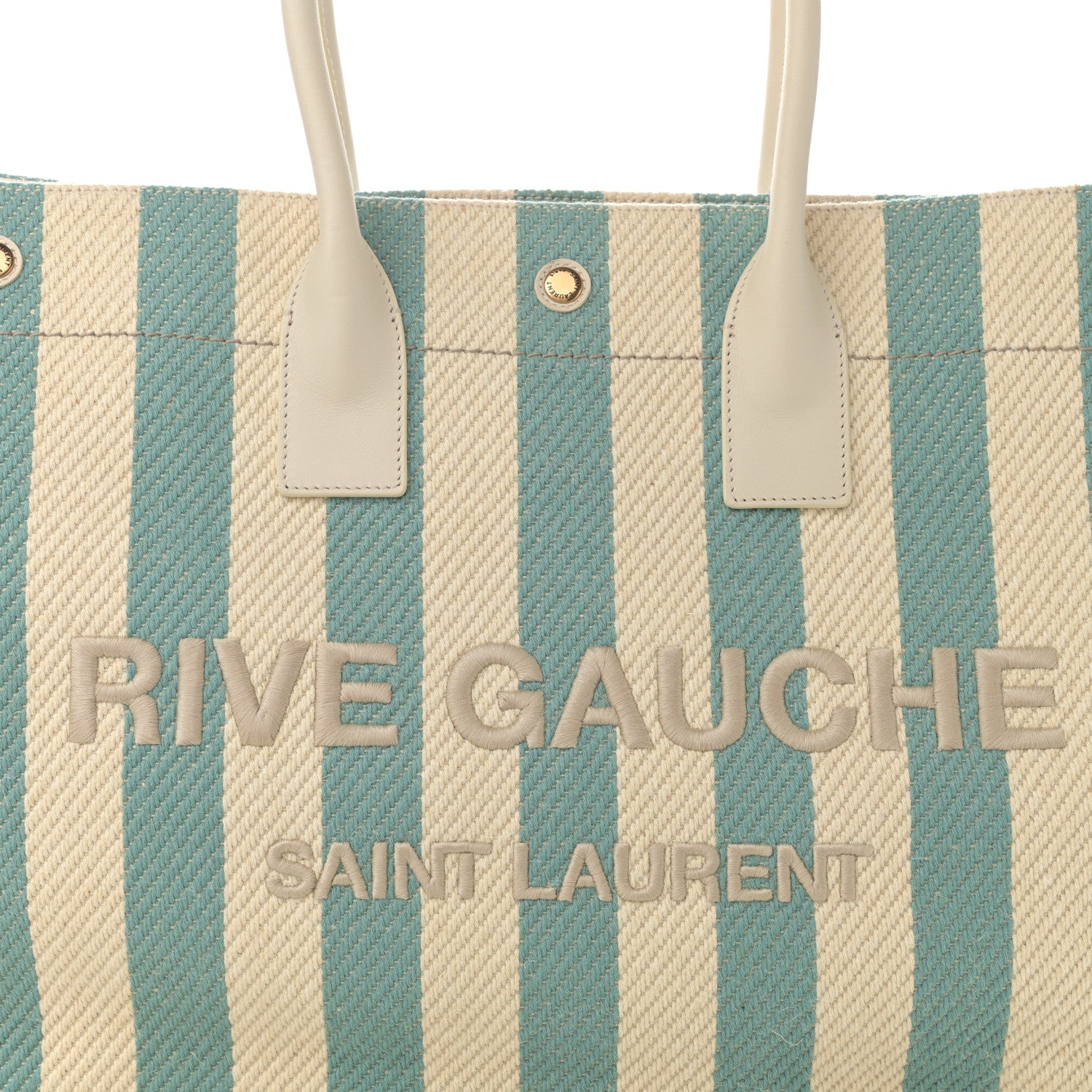 Saint Laurent Cotton Linen Calfskin Striped Rive Gauche Tote Water Green 8 of 11