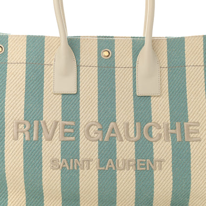 Saint Laurent Cotton Linen Calfskin Striped Rive Gauche Tote Water Green 8 of 11