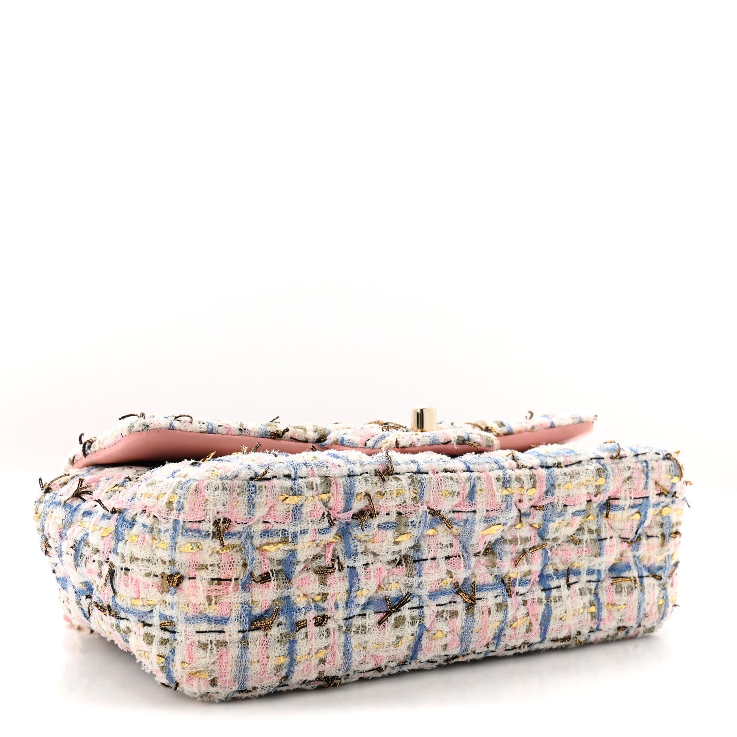 Chanel Tweed Quilted Mini Rectangular Flap Light Blue Pink Gold White 4 of 11