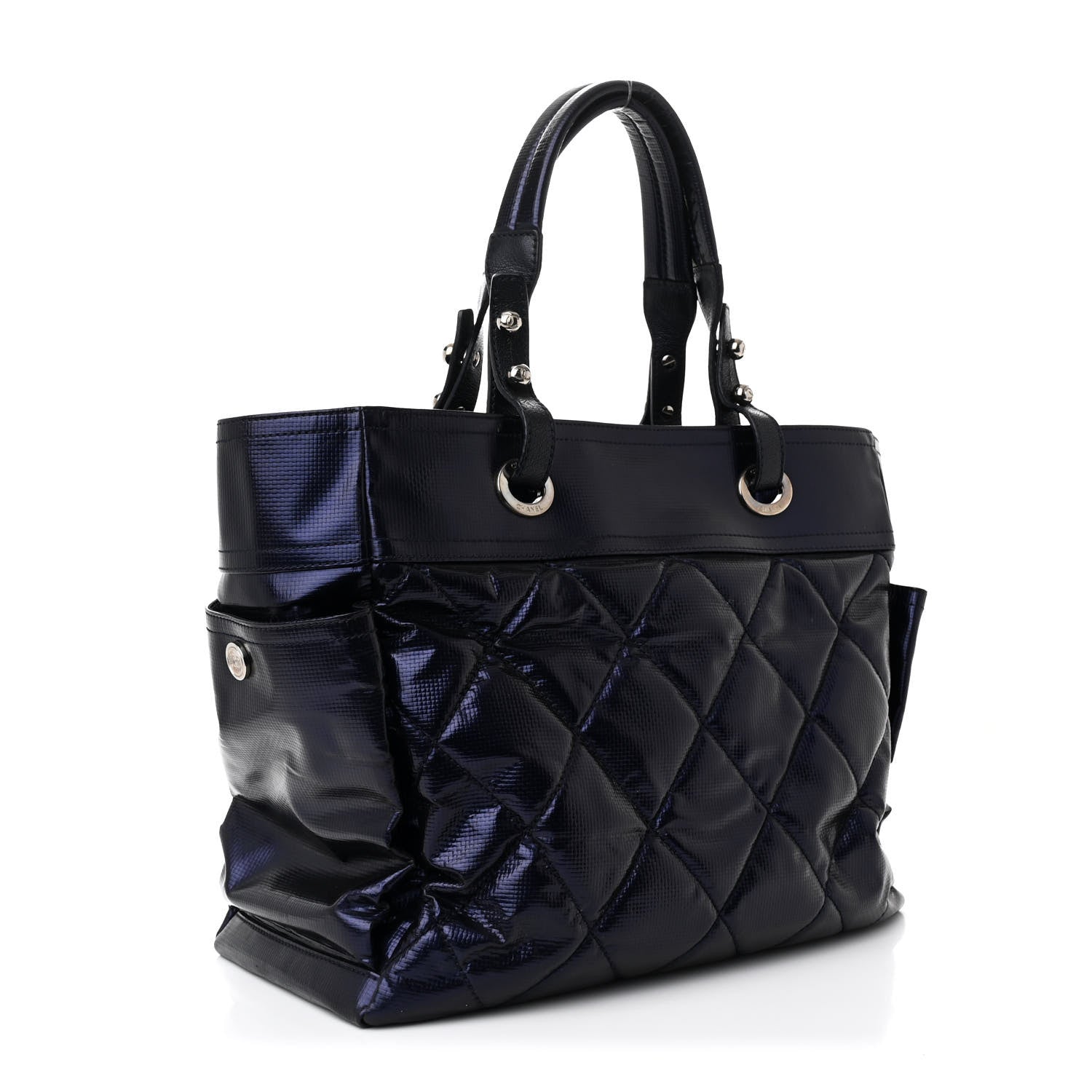 Chanel Metallic Coated Canvas Quilted Large Paris Biarritz Tote Blue 4 of 11