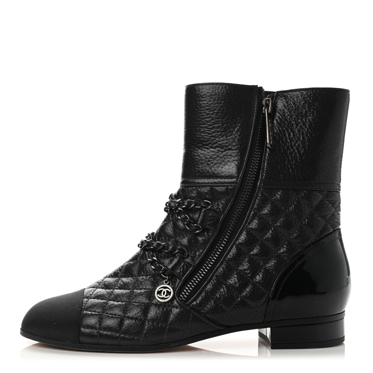 Chanel Glazed Deerskin Grosgrain Quilted Cap Toe Chain Boots 38 Grey Black 1 of 8