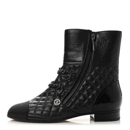 Chanel Glazed Deerskin Grosgrain Quilted Cap Toe Chain Boots 38 Grey Black 1 of 8