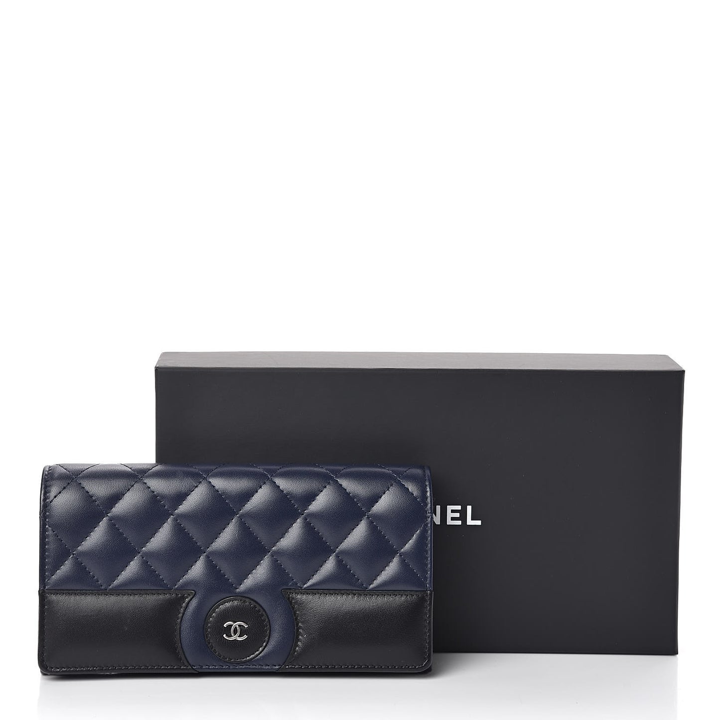 Lambskin Quilted Large Gusset Flap Wallet Navy Black