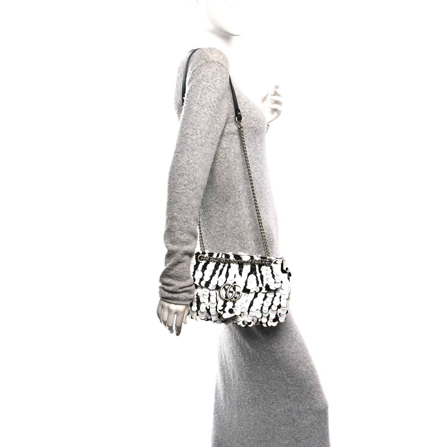 Satin Sequin Beaded Zebra Small GG Marmont Shoulder Bag Black White