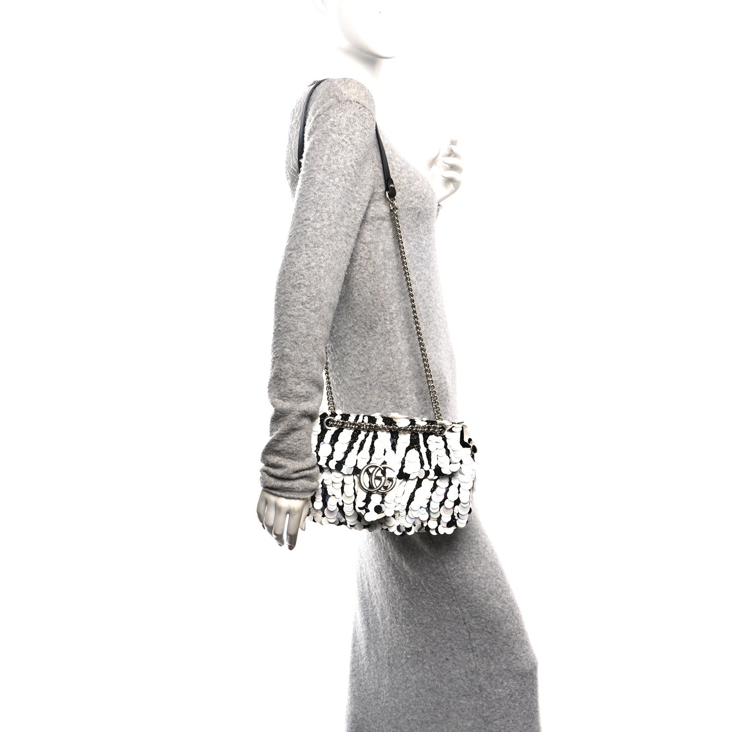 Gucci Satin Sequin Beaded Zebra Small GG Marmont Shoulder Bag Black White 2 of 10
