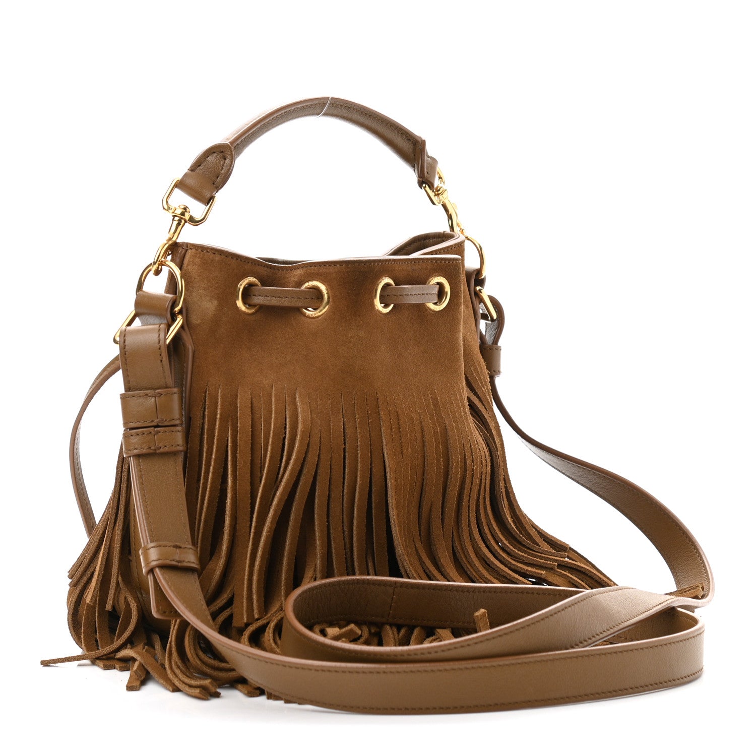 Saint Laurent Suede Calfskin Small Emmanuelle Fringe Bucket Bag Light Ocre 3 of 10
