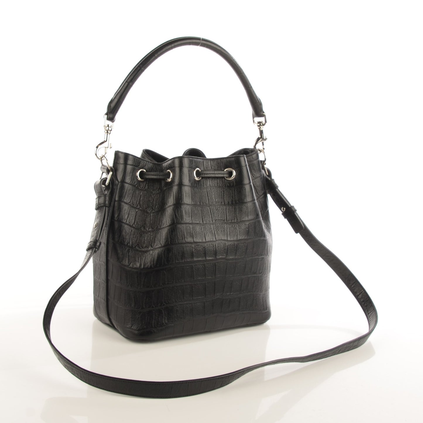 Calfskin Crocodile Embossed Medium Emmanuelle Bucket Bag Black