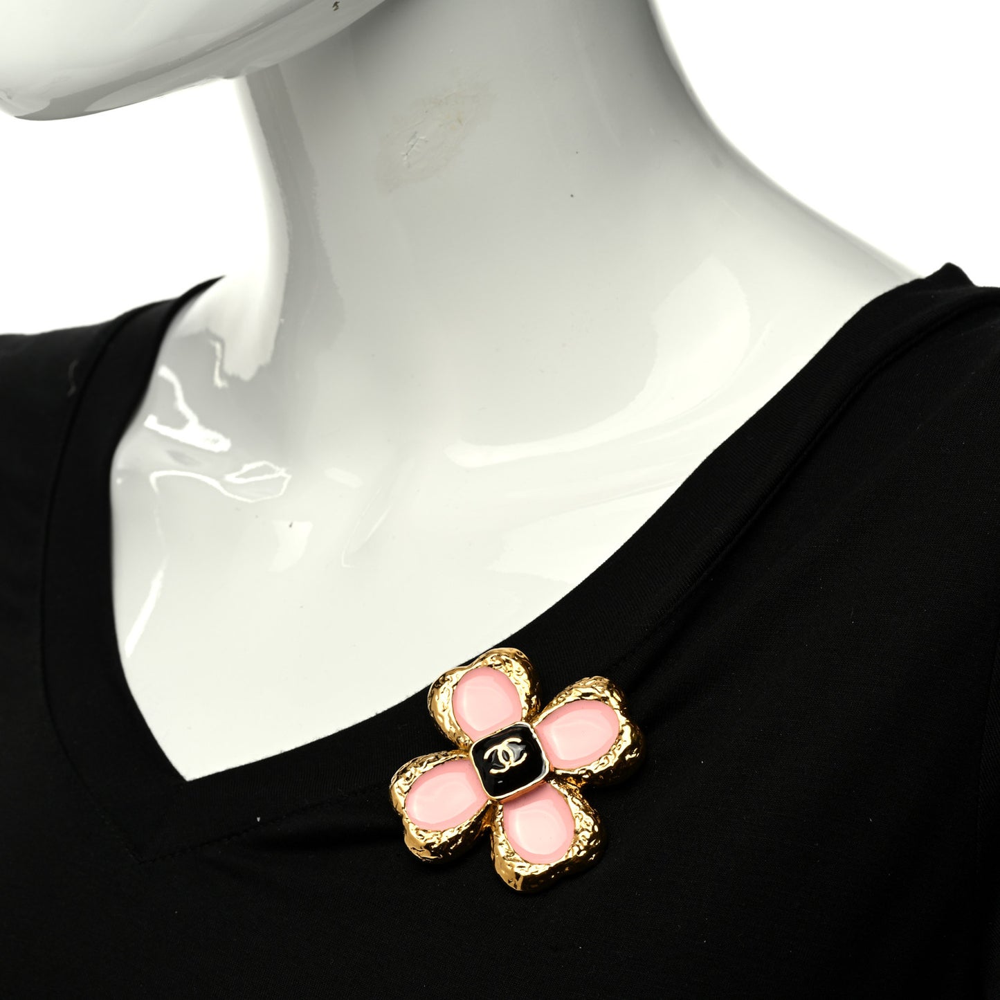 Resin Metal Glass CC Clover Brooch Gold Black Pink
