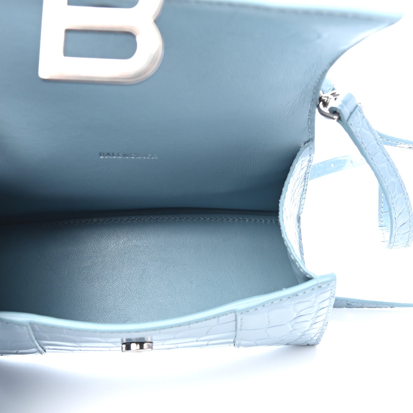 Shiny Calfskin Crocodile Embossed Hourglass Top Handle Bag XS Blue Grey