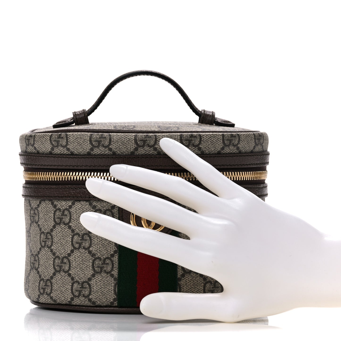 GG Supreme Monogram Textured Calfskin Web Ophidia Vanity Cosmetic Case Beige Ebony New Acero