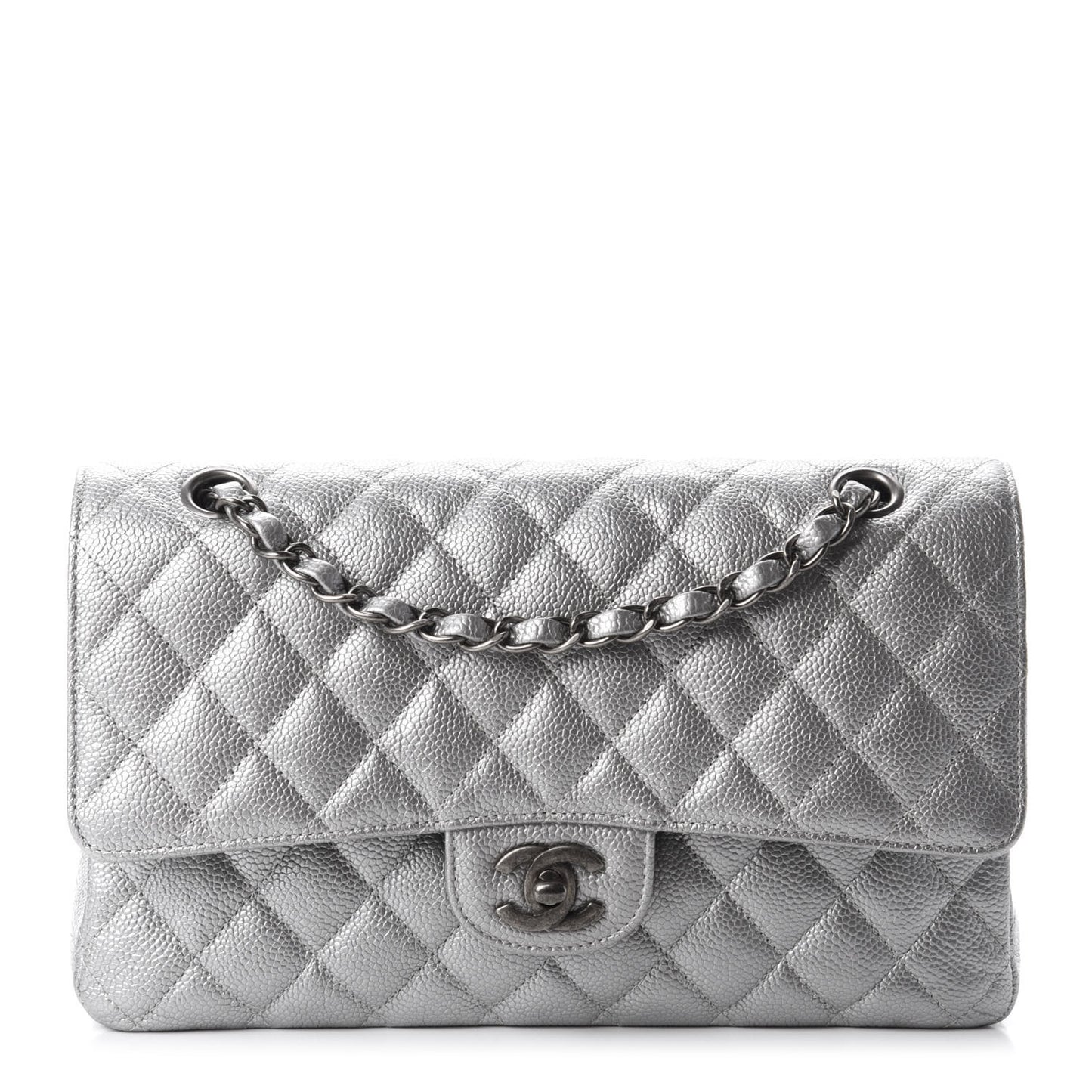 Metallic Caviar Quilted Medium Double Flap Silver